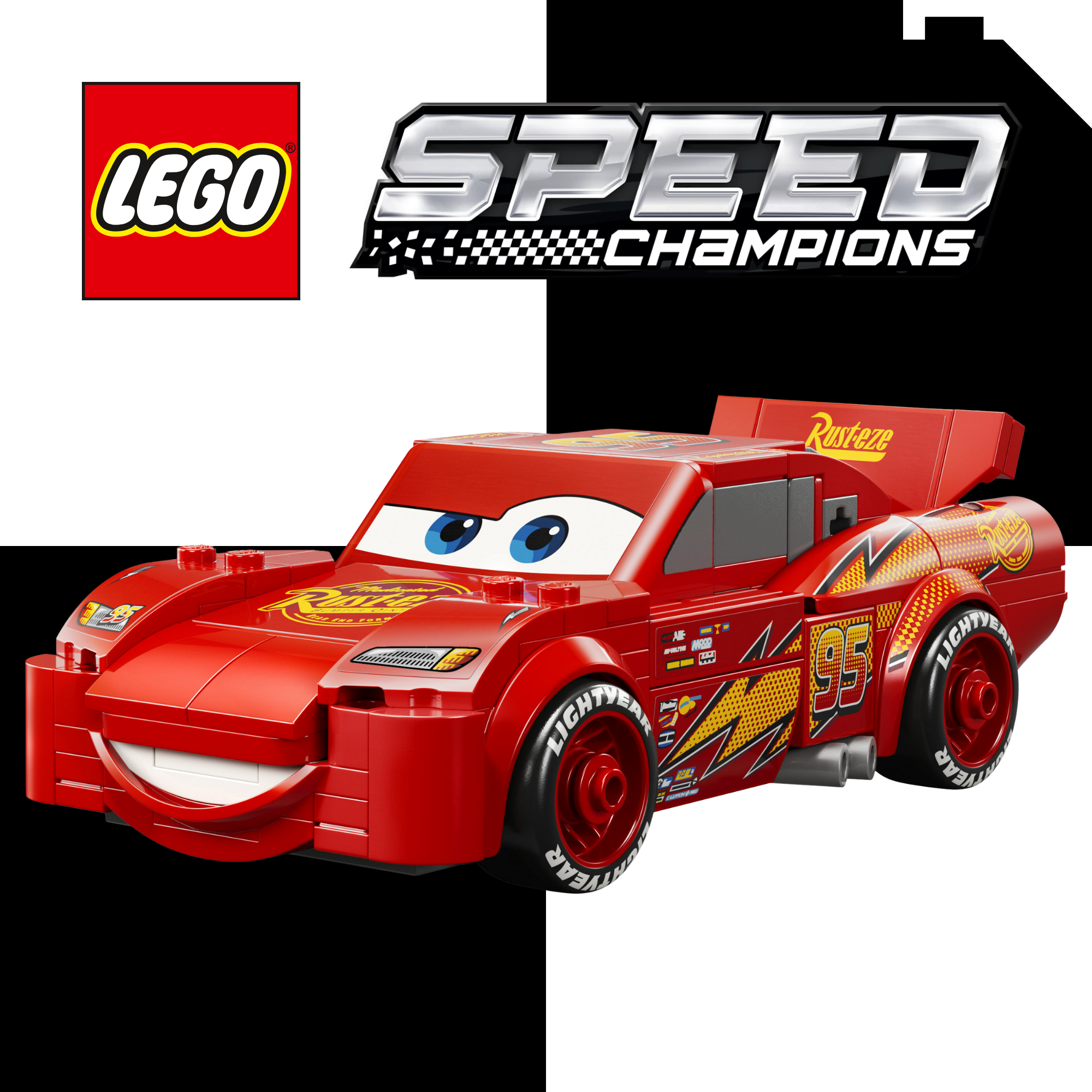 LEGO built Lightning McQueen race car on a chequered background