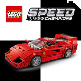 Red LEGO Ferrari F40 on a chequered background