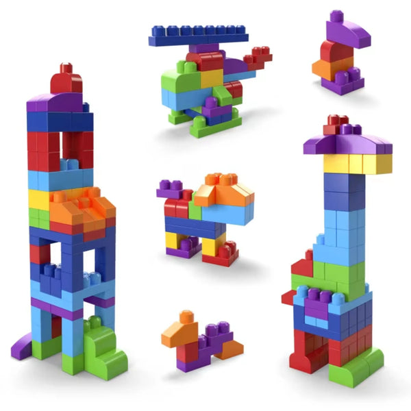 Colourful Mega Bloks in various shapes and structures.
