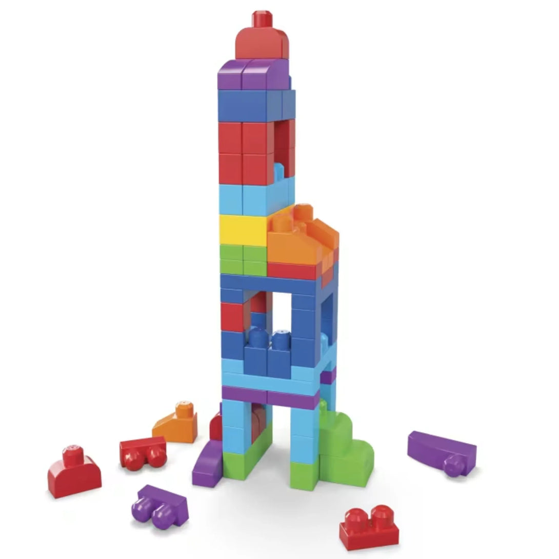 Colourful Mega Bloks in the shape of a tower.