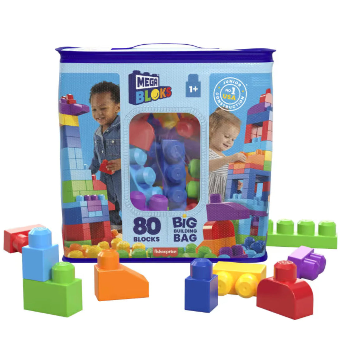 Mega Bloks 80 piece building block set with colourful blocks and packaging.