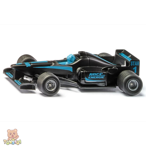 Siku 1357 black and blue toy race car on a white background