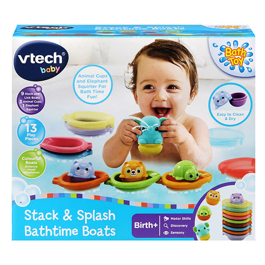 Vtech Stack & Splash Bathtime Boats bath toy set packaging with a child playing.
