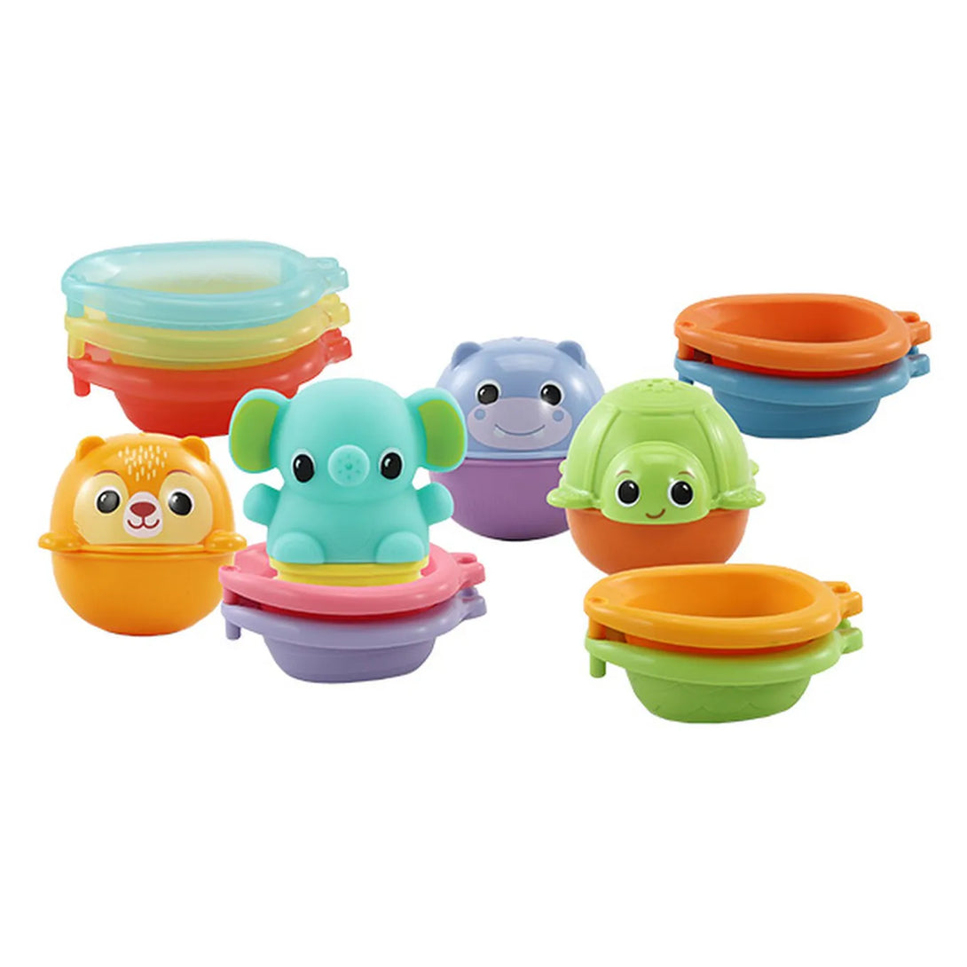 Vtech Stack & Splash Bathtime Boats bath toy set including nine linkable boats, three floating animals and a squirting elephant.