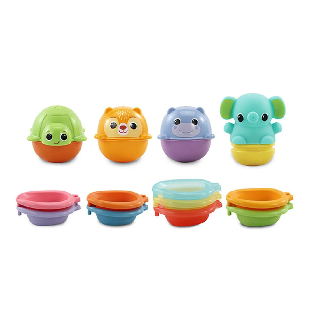 Vtech Stack & Splash Bathtime Boats bath toy set including nine linkable boats, three floating animals and a squirting elephant..