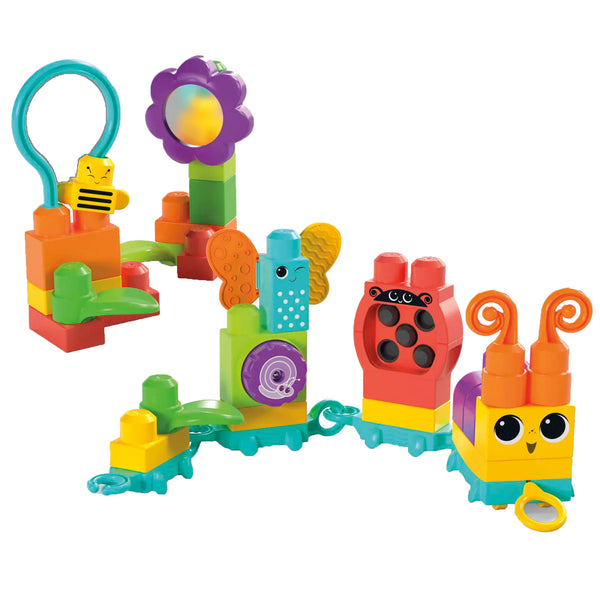A colourful caterpillar and friends constructed from Mega Bloks.