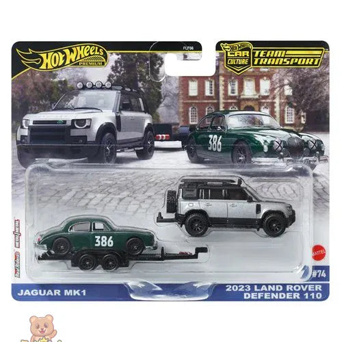 A packaged Hot Wheels toy car set featuring a silver 2023 Land Rover Defender and a green 2024 Jaguar MK 1 .