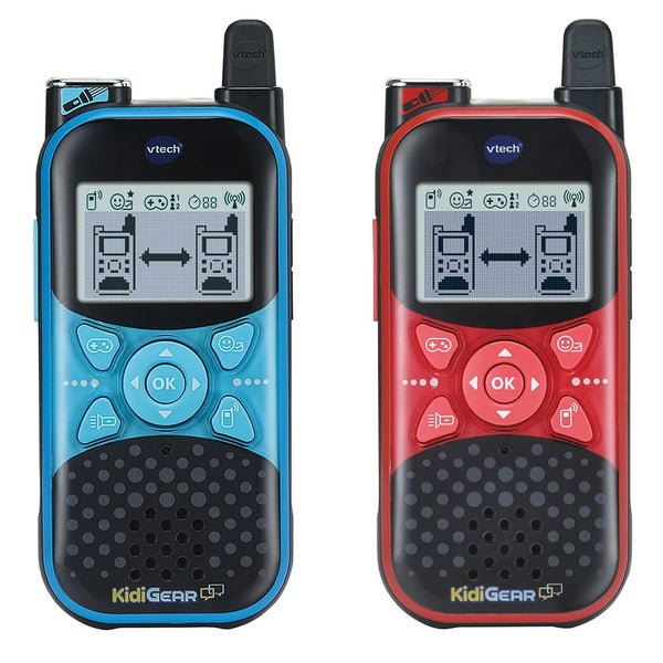 Two VTech brand walkie talkies, one blue and one red.