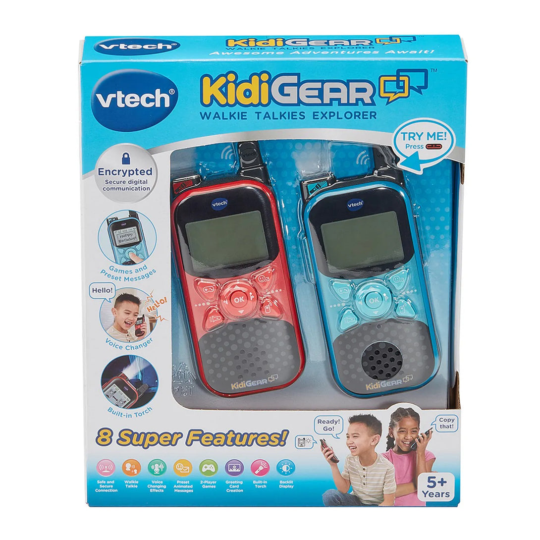 Vtech KidiGear walkie talkies explorer packaging with two walkie talkies.