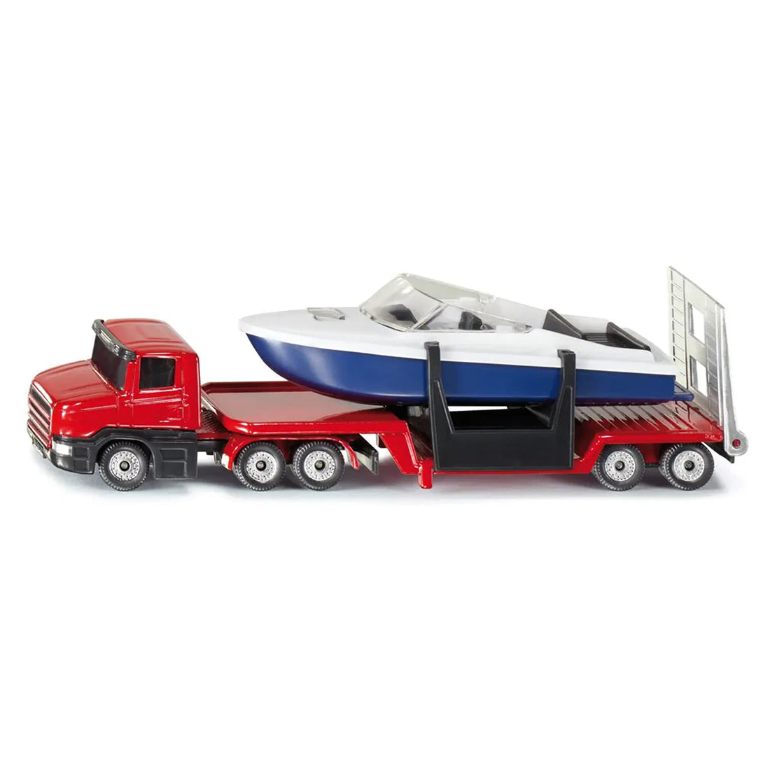 Siku 1613 red toy truck with a trailer carrying a blue boat.  Available from Toys101.