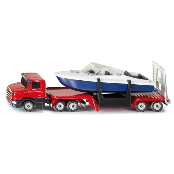 Siku 1613 red toy truck with a trailer carrying a blue boat.  Available from Toys101.