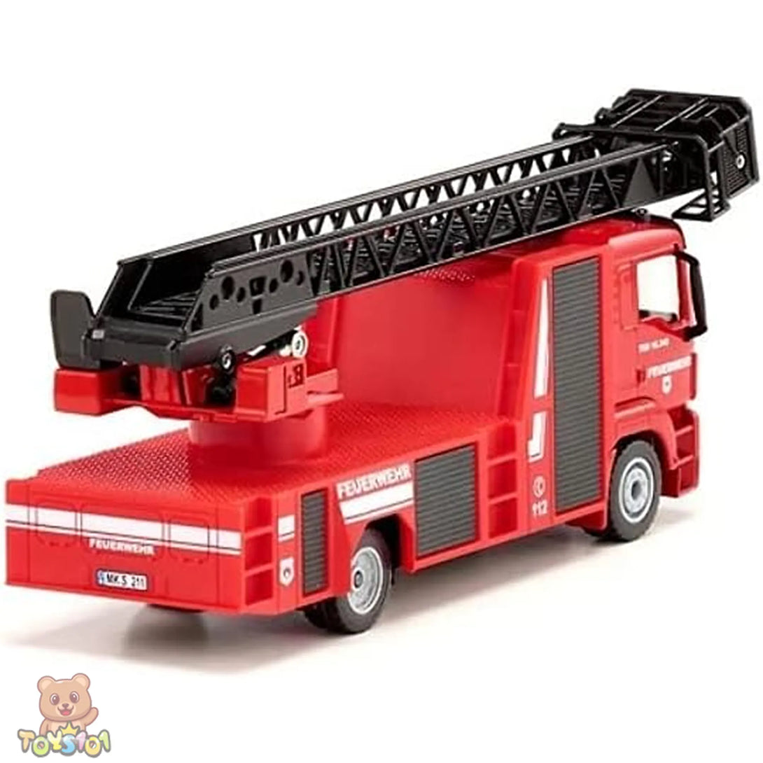 Rear view of the Siku 2114 toy model of a MAN fire truck with a black extendable ladder.