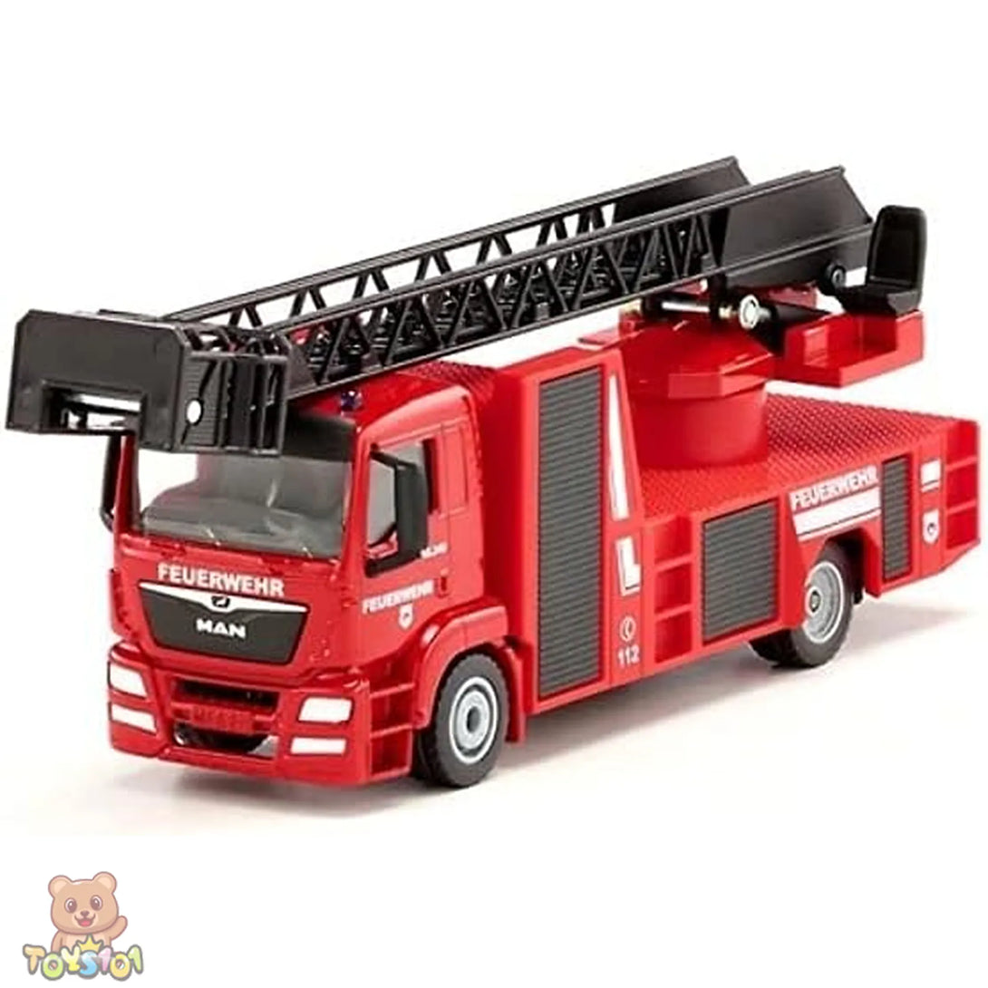 Siku 2114 toy model of a red MAN fire truck with a black extendable ladder.