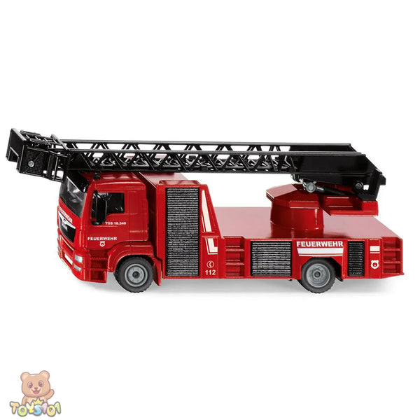 Siku 2114 toy model of a red MAN fire truck with a black extendable ladder.