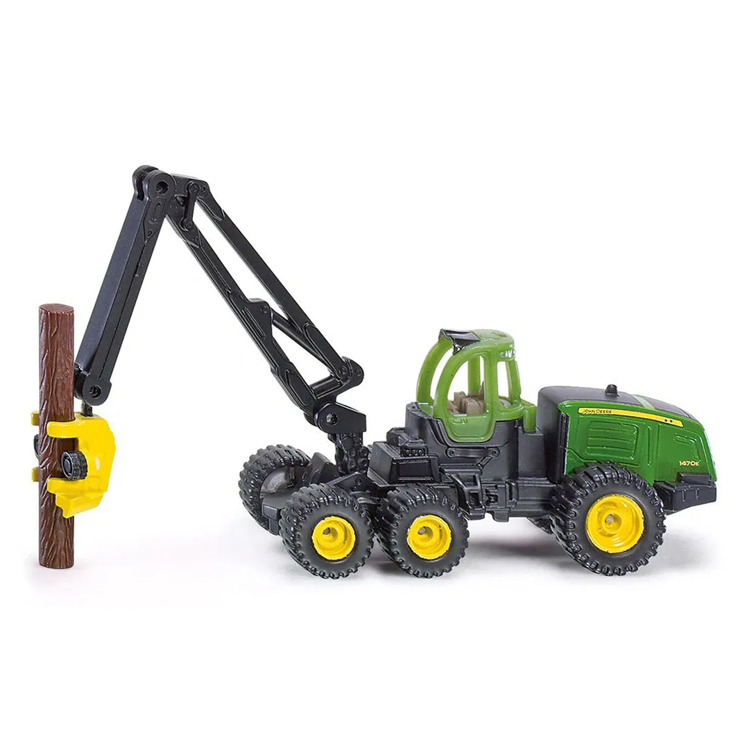 Siku toy model of a John Deere 1470E Harvester lifting a toy log.