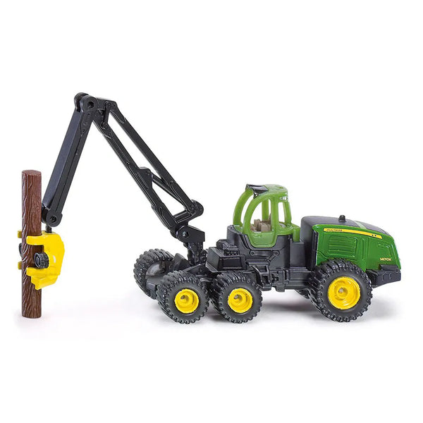 Siku toy model of a John Deere 1470E Harvester lifting a toy log.