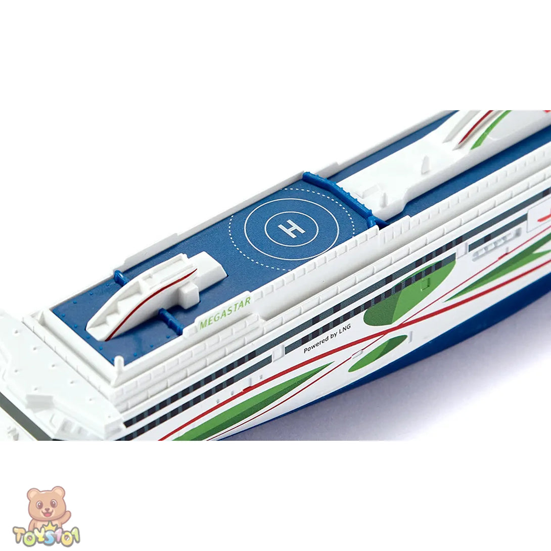 Model of a cruise ship with a helicopter pad on a white background