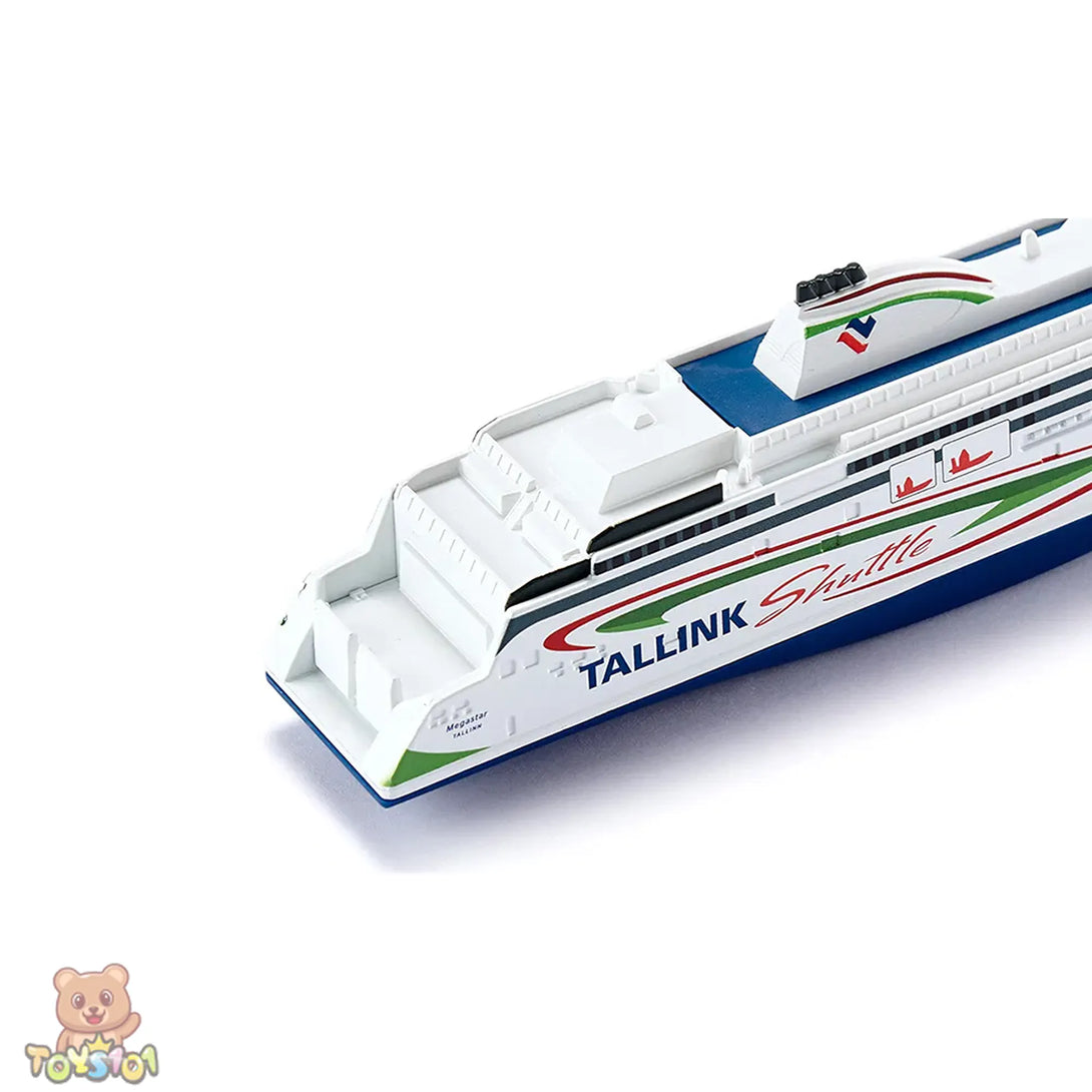 Model of a Tallink ferry ship on a white background