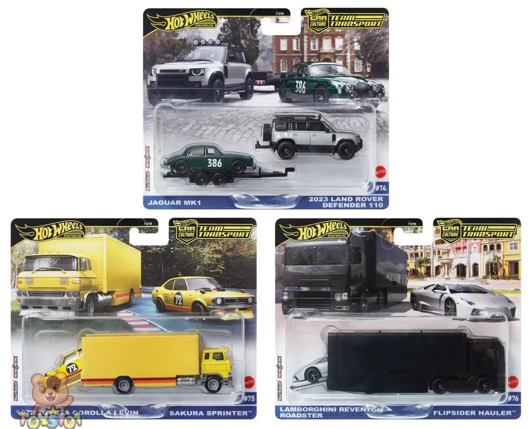 Collection of Hot Wheels and Team Transport FLF56-957E model car packages on a white background
