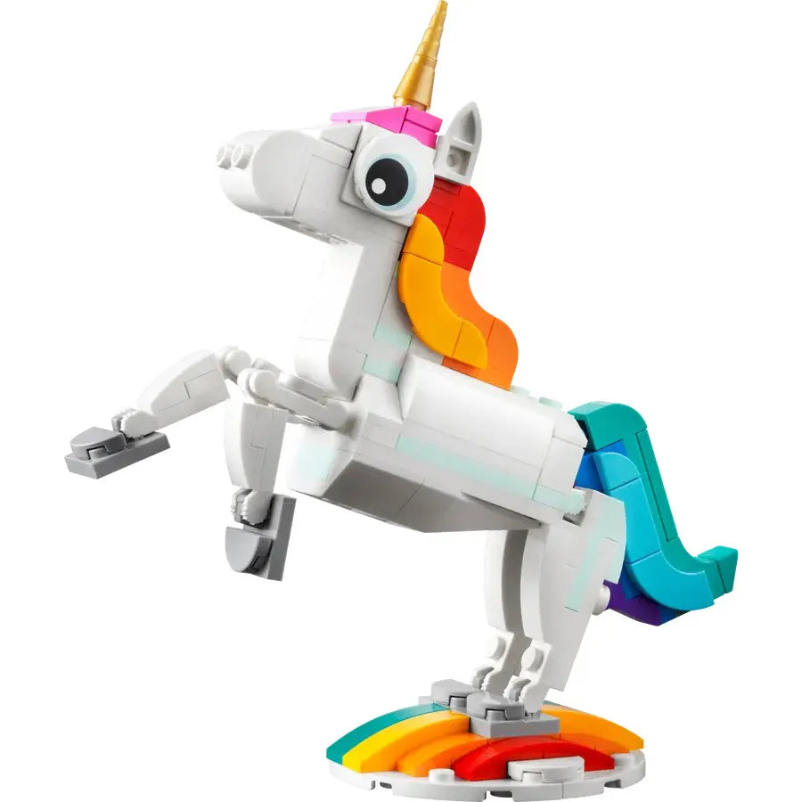 LEGO 31140 Magical Unicorn with rainbow coloured mane and tail on a white background