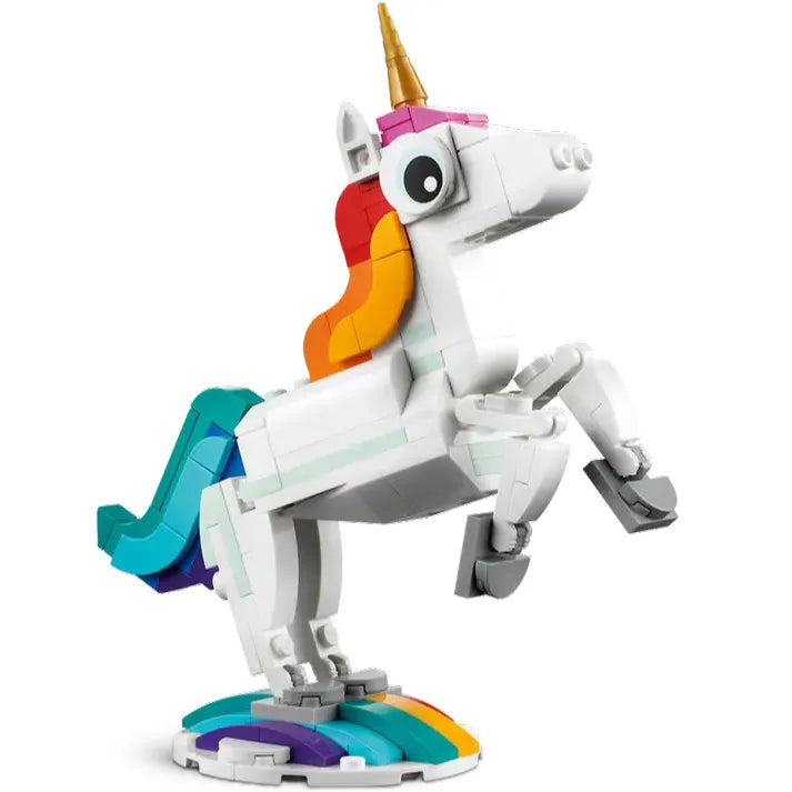 LEGO 31140 Magical Unicorn rears up playfully on its rainbow coloured display base.