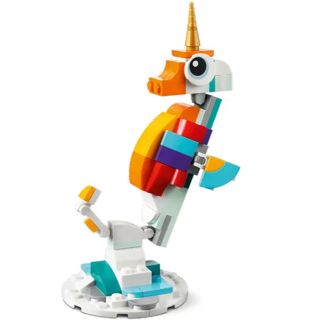 LEGO 31140 rebuilt into a colourful sea horse on a white background.