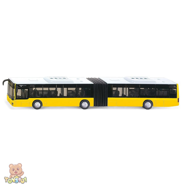 Model of a yellow and black bus on a white background