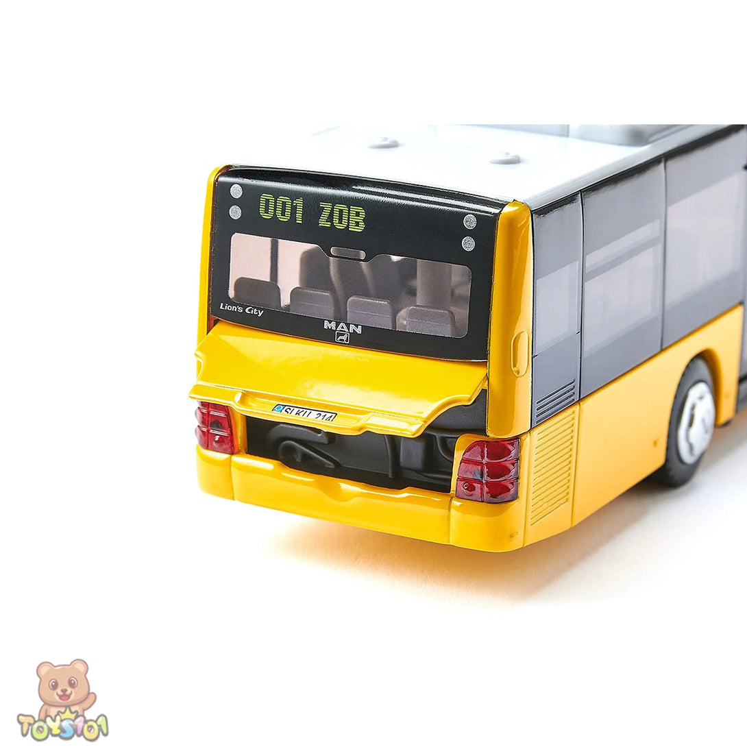 Model of a yellow and black bus with digital display on a white background