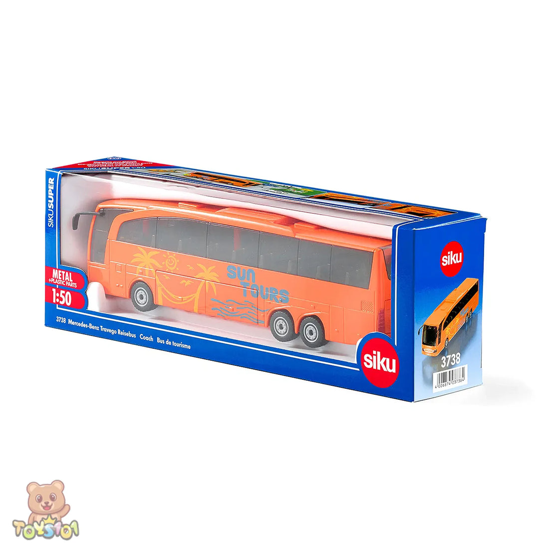 Siku toy bus packaging with orange bus on a white background