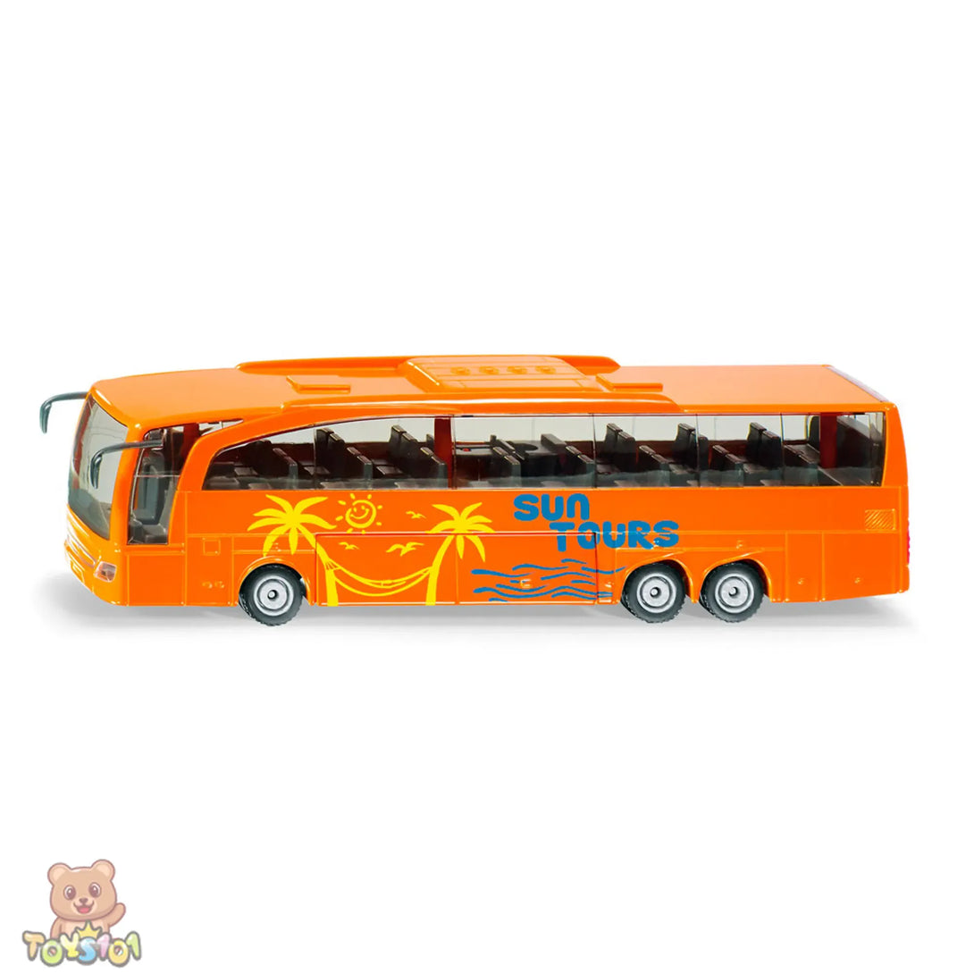 Orange toy bus with 'Sun Tours' branding on a white background