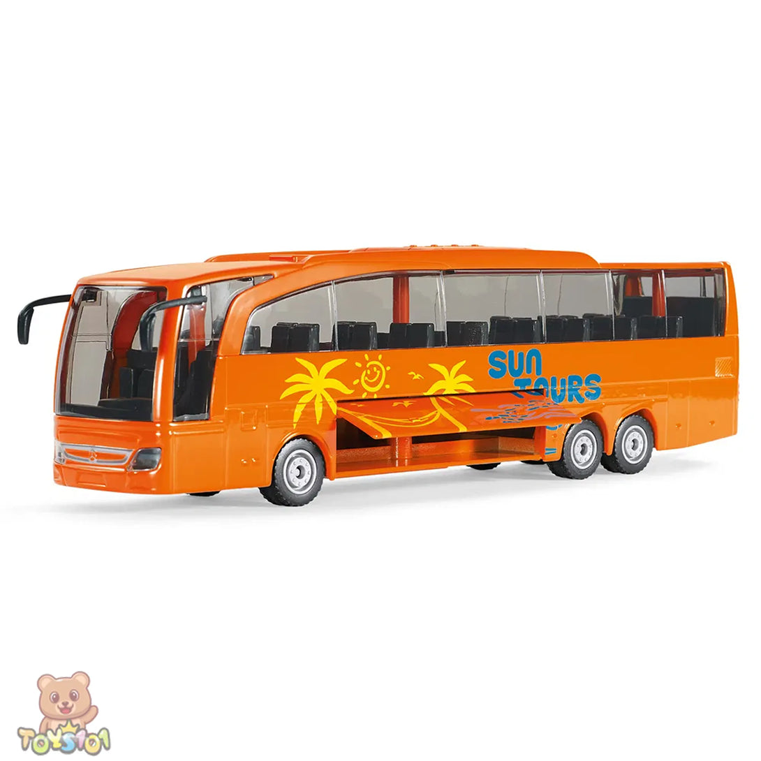 Orange toy bus with 'Sun Tours' branding on a white background