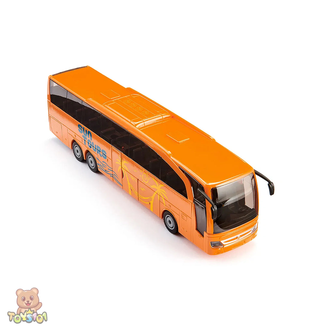 Orange toy bus with black windows on a white background