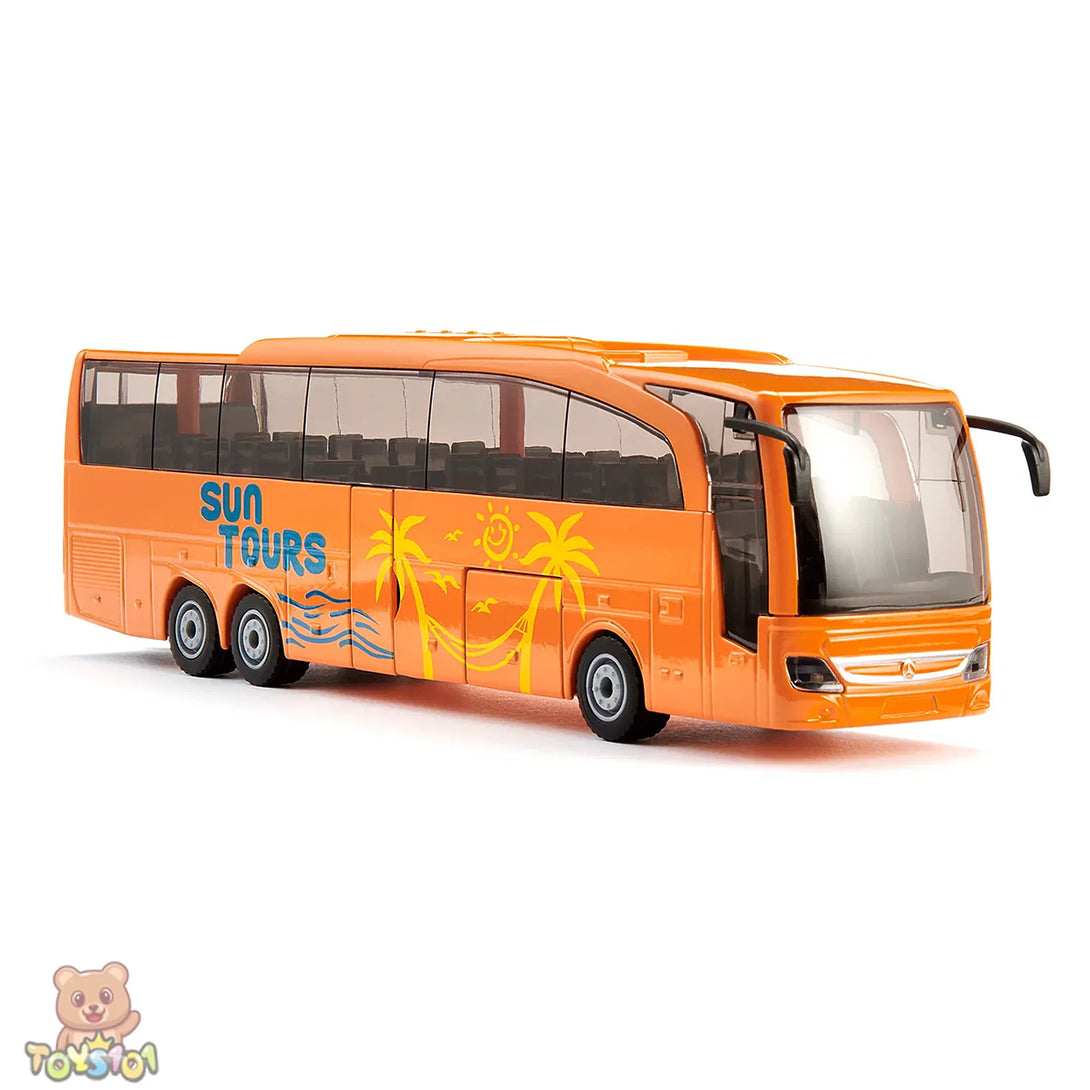 Orange toy bus with 'Sun Tours' text and palm tree graphics on a white background