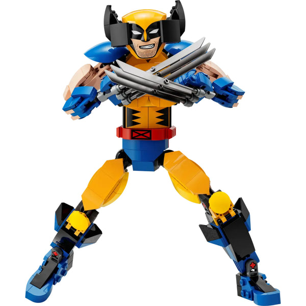 Toy LEGO figure of a Wolverine character with a blue, yellow, and black costume.