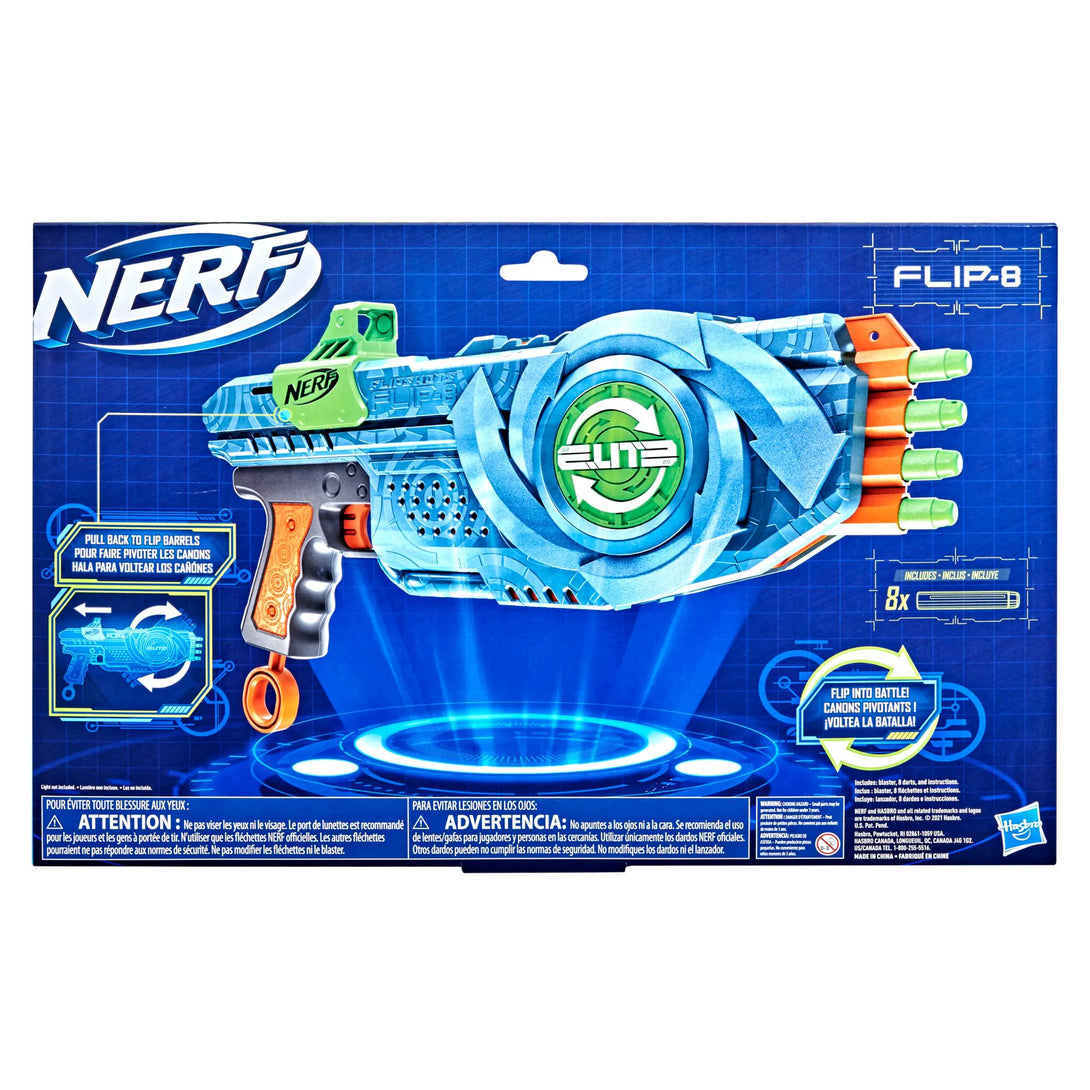 Nerf Elite Flipshots Flip-8 toy blaster packaging on a blue background