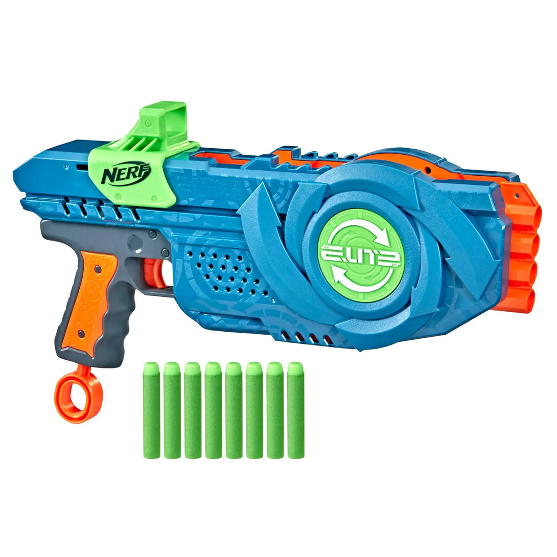 Blue and orange Nerf Elite 2.0 Flipshots Flip-8 blaster with 8 green darts on a white background