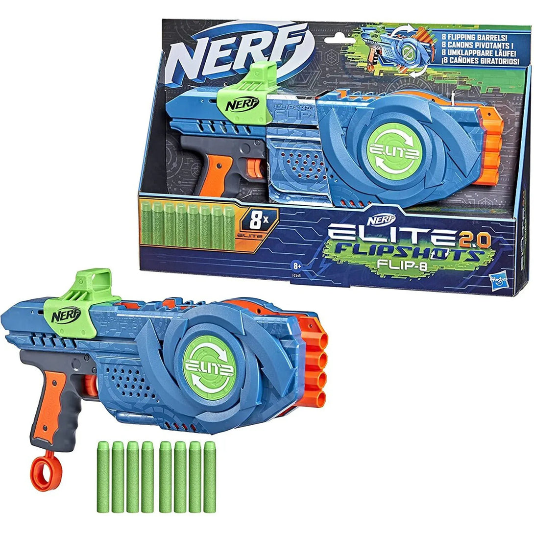 Nerf Elite 2.0 Flipshots Flip-8 toy blaster from Toys101 with packaging on a white background