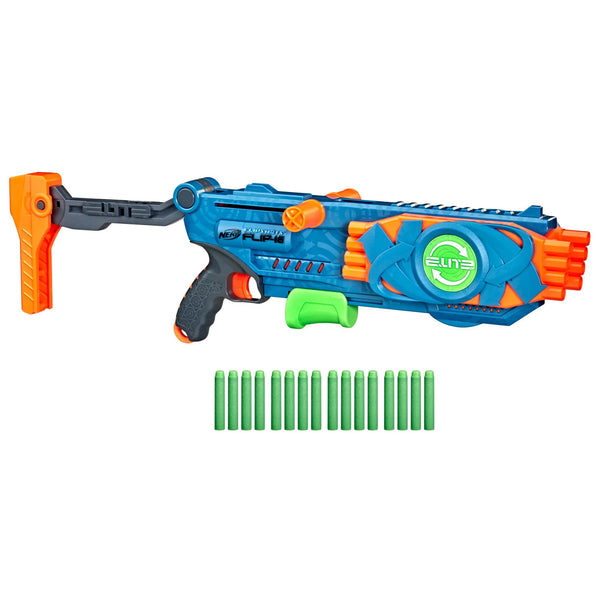 Nerf Elite 2.0 Flipshots Flip-16 Blaster with 16 Nerf darts on a white background.