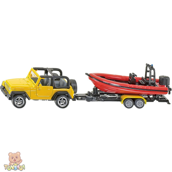 Siku 1658 yellow Jeep towing a red inflatable boat.