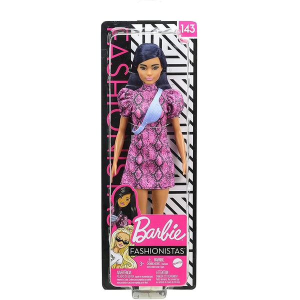 Barbie Fashionistas Doll #143 With Pink Snake Print Dress, Over The Shoulder Bag